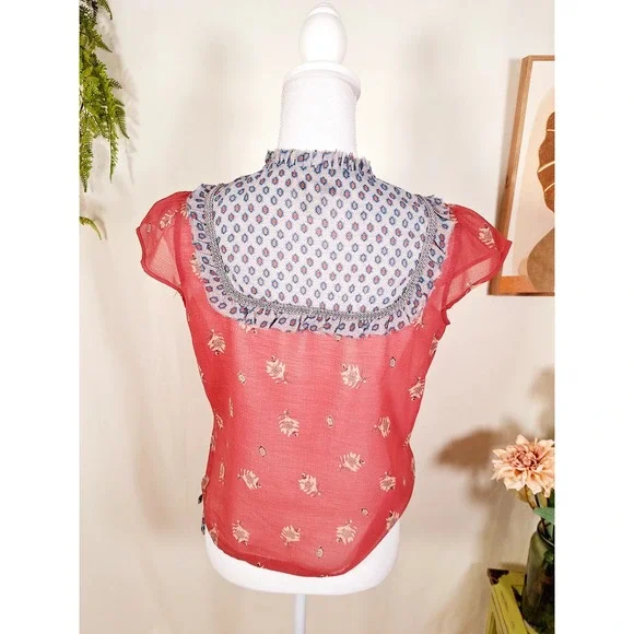 Free People Women's Flutter Sleeve Floral Blouse Medium Red - Picture 2 of 9